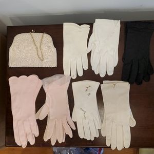 Vintage clutch purse and 7 pairs of vintage gloves